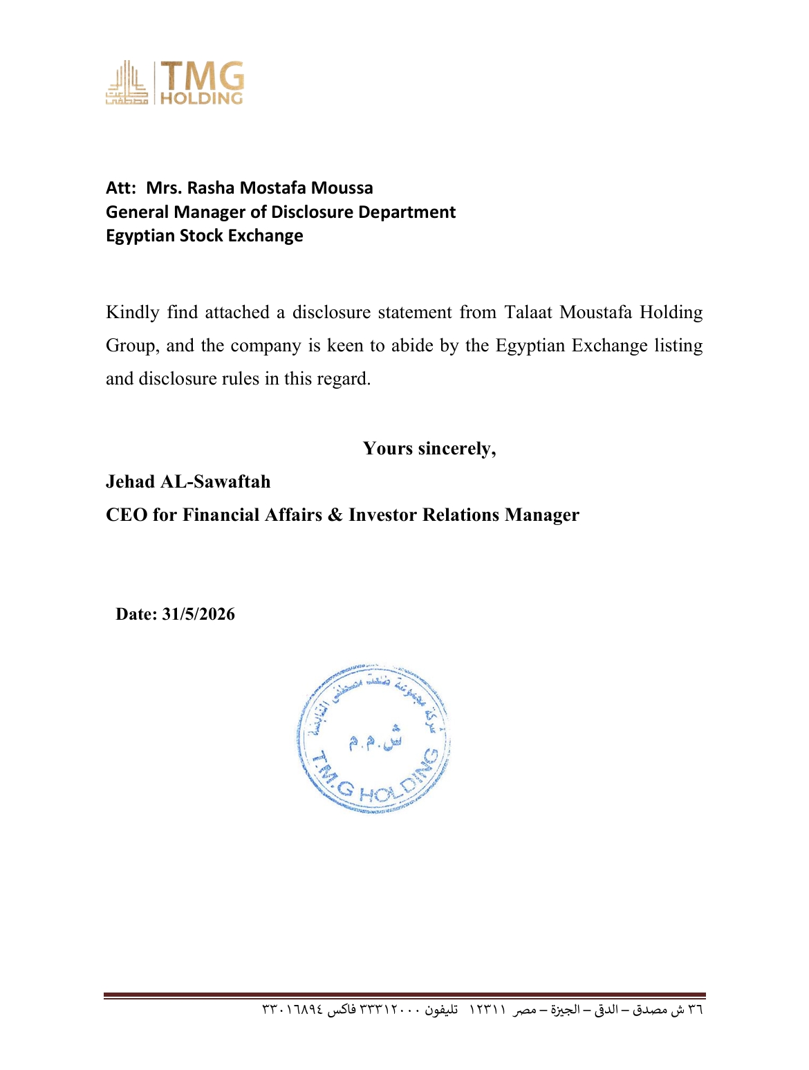 "Talaat Moustafa Group Holding (TMGH.CA) – Company Statement – 01 June 2026"