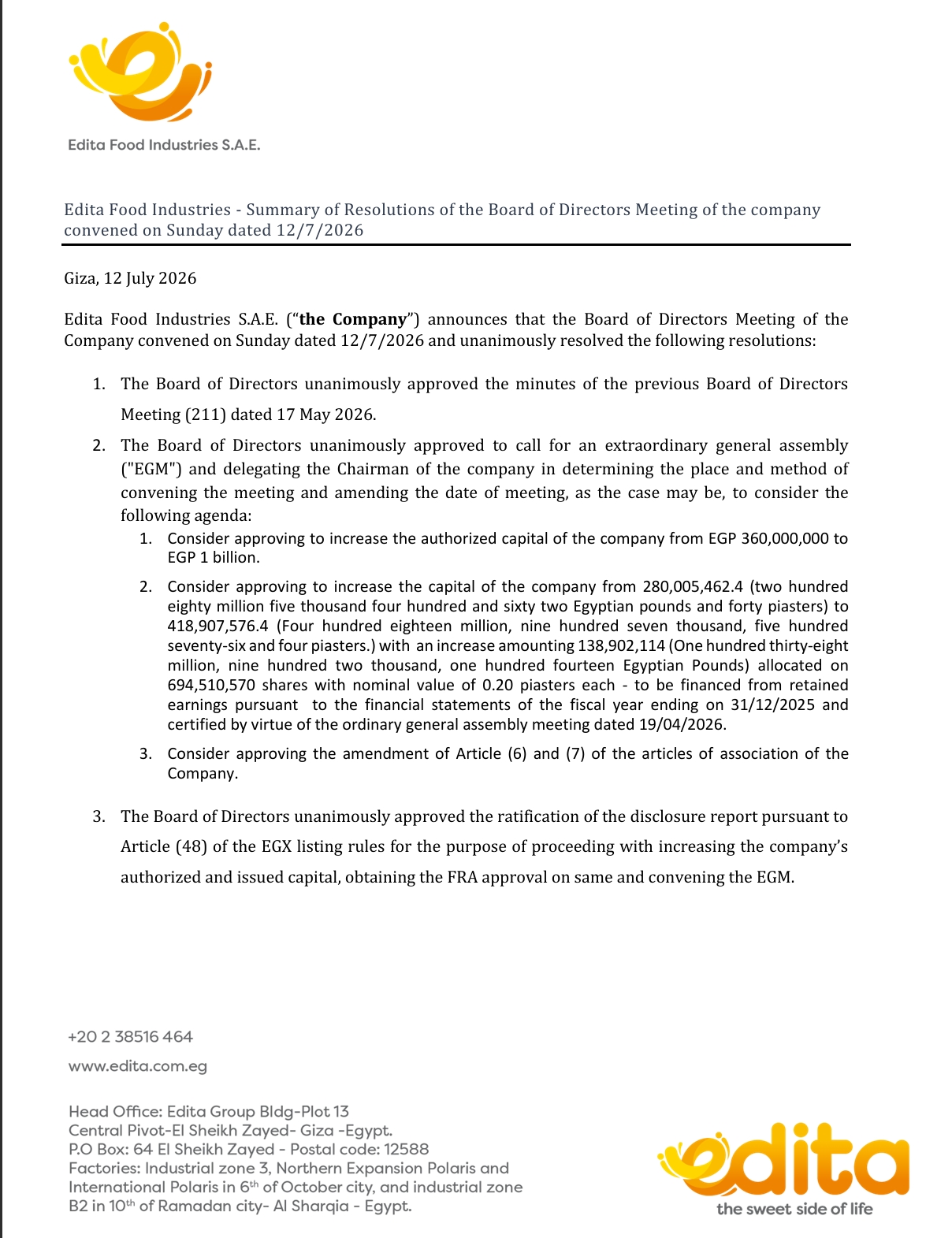 Edita Food Industries (EFID.CA) – Board of Directors' Resolutions at Its Meeting Held on 12/07/2026  13/07/2026