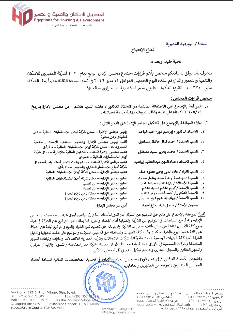 Egyptians Housing and Development Company (EHDR.CA) – Board of Directors Resolutions 17/05/2026